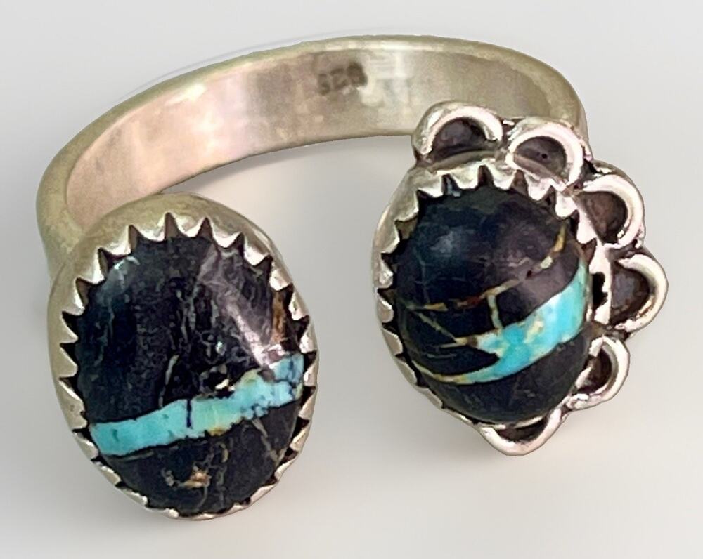 Blackjack Turquoise Handmade 925 Sterling Silver Bypass Ring Adjustable Size 6-9